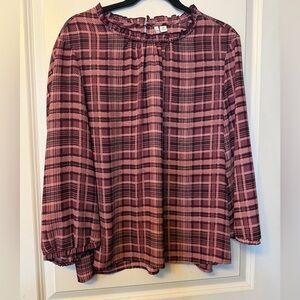 Elle XXL Pink and Black Plaid Ruffled Neck Blouse